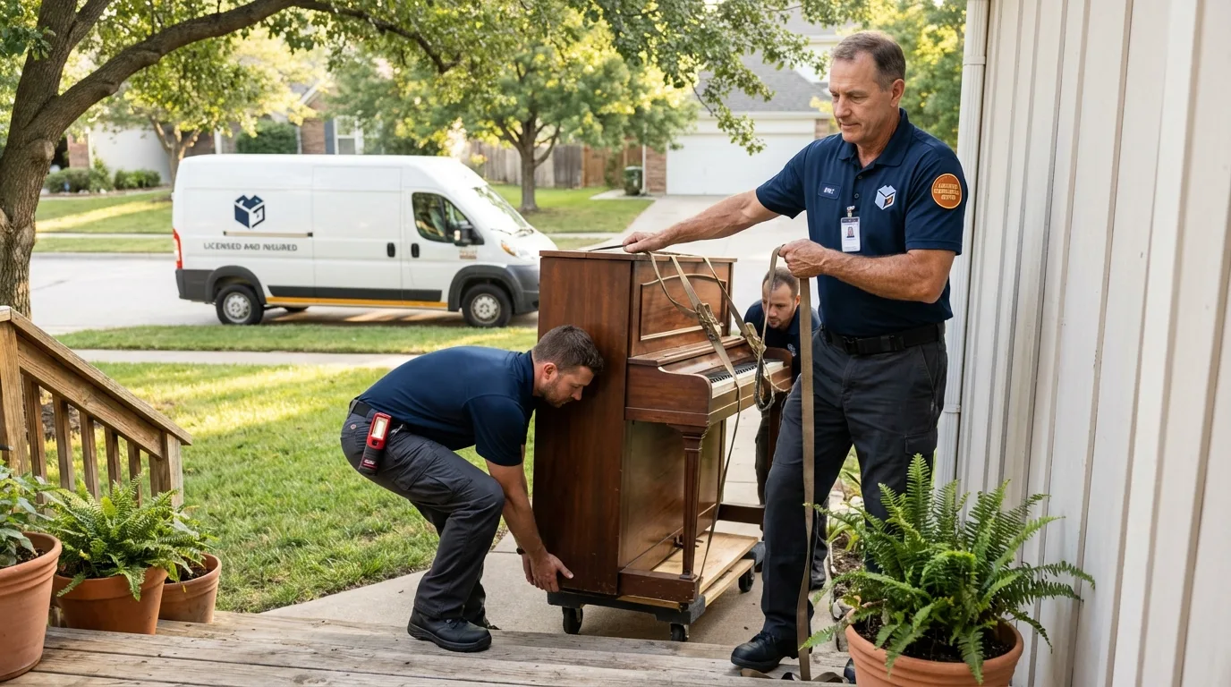Licensed piano movers securing grand piano in Covington, TN